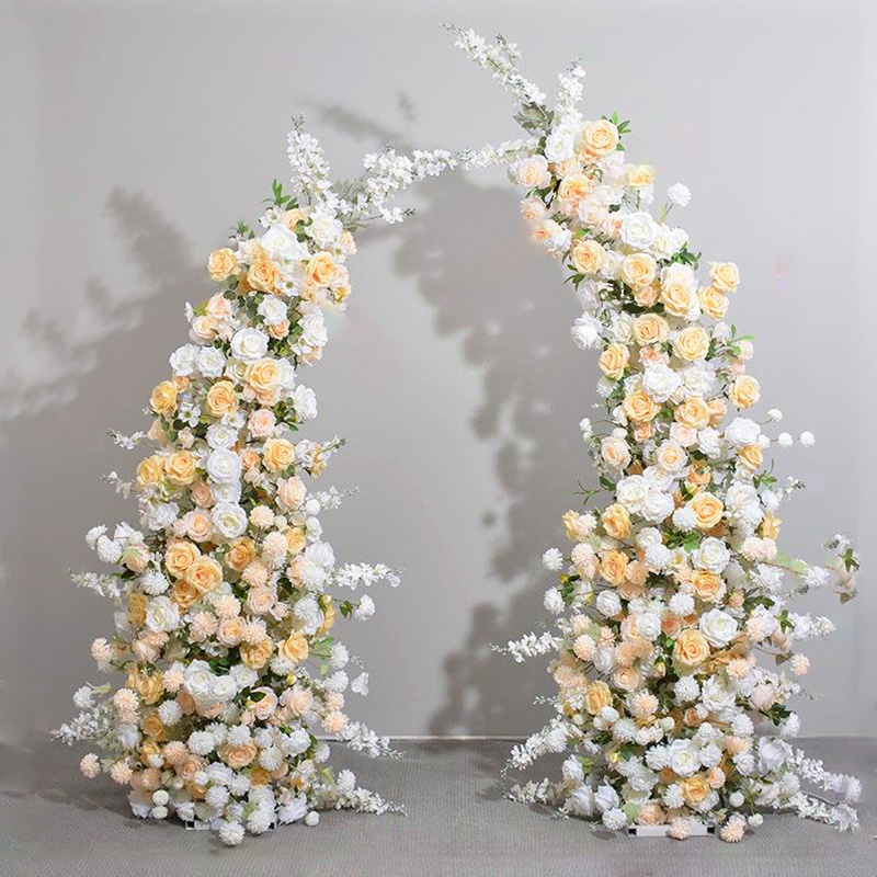 Wedding floral art arch: Champagne, rose, white delphinium, arched pergola