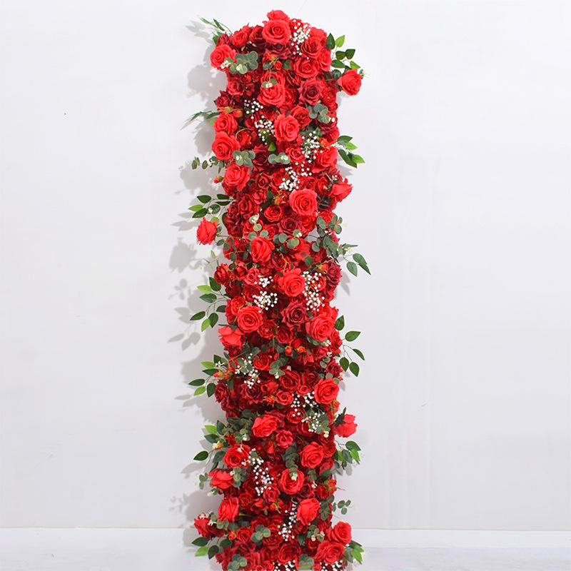 The festive red rose long strip flower arrangement fills the scene with a strong sense of atmosphere