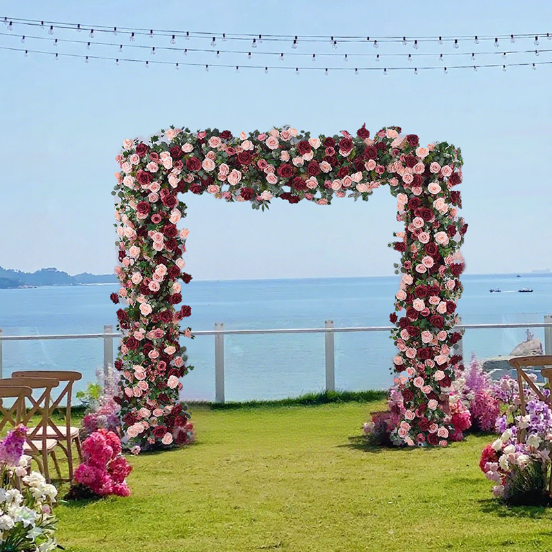 Retro wine pink flower art arch, seaside lawn, wedding ceremony passage decoration