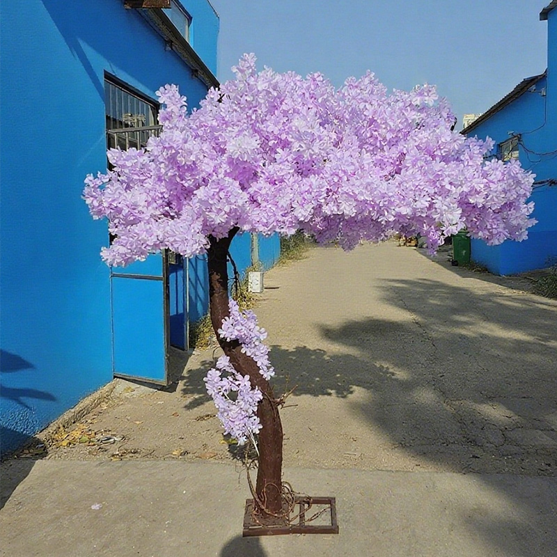 Simulated purple flower trees create a dreamy outdoor decorative landscape