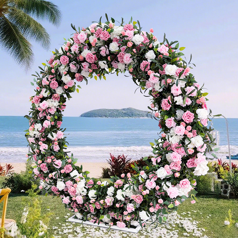 Pink and white gradient floral arch, seaside lawn, wedding ceremony passage decoration