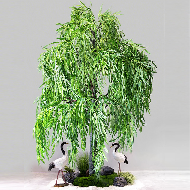 Artificial willow trees, large-scale landscape trees, indoor and outdoor decorative artificial green plants, and crane ornaments