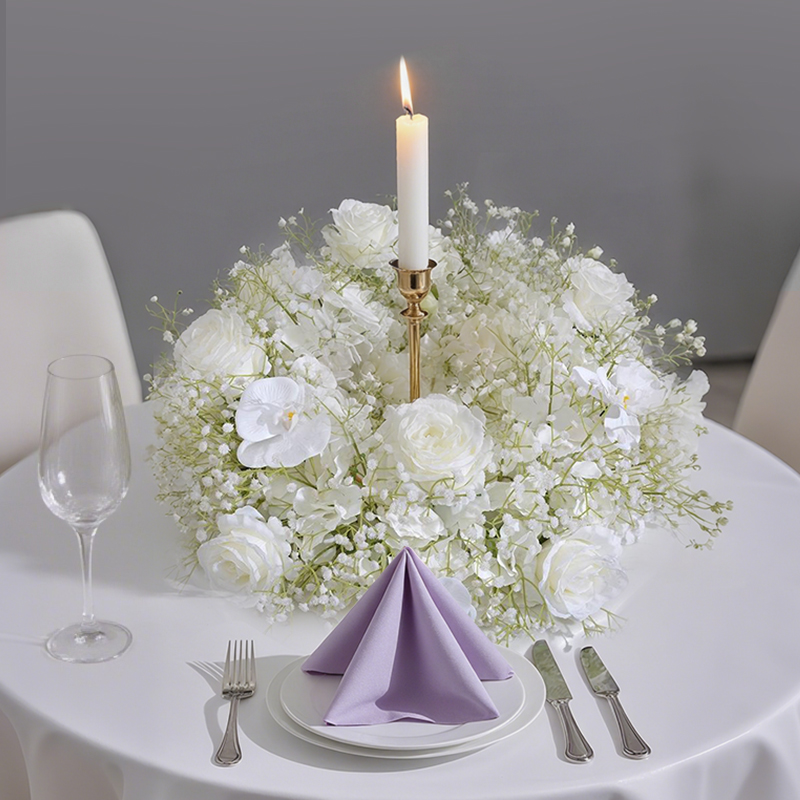 The white series of light luxury dining table floral art set includes a candlestick and a high-end central decorative flower for wedding banquets