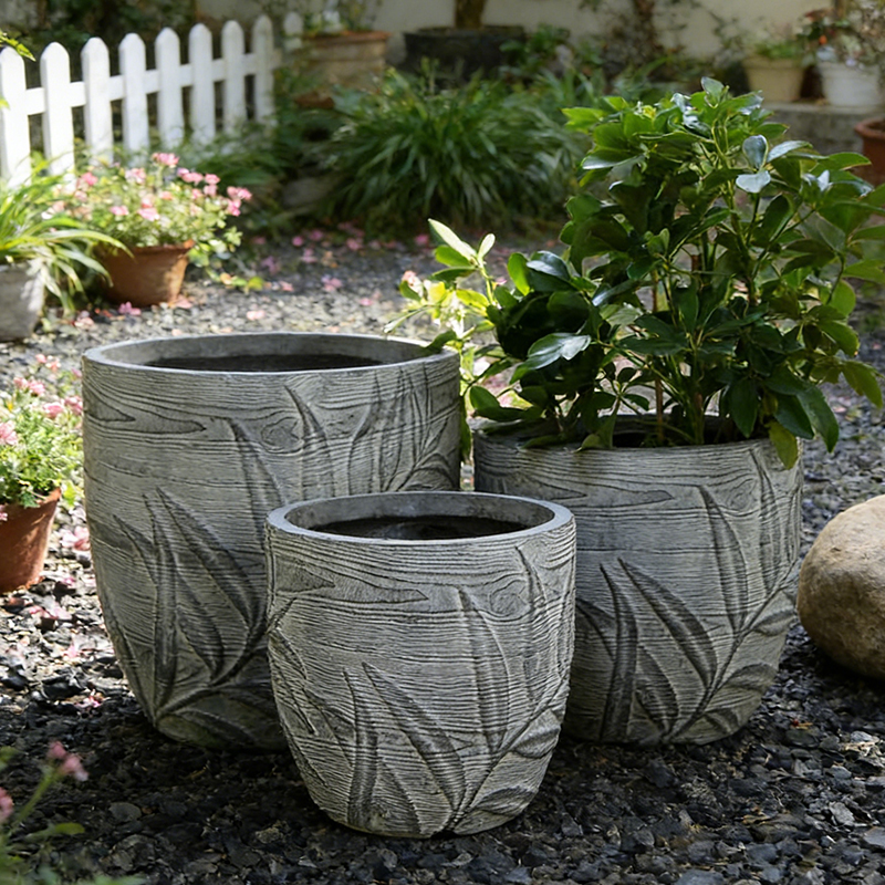 Woven texture grey ceramic flower pot set/Courtyard/Balcony retro style floor-standing flower pot three-piece set